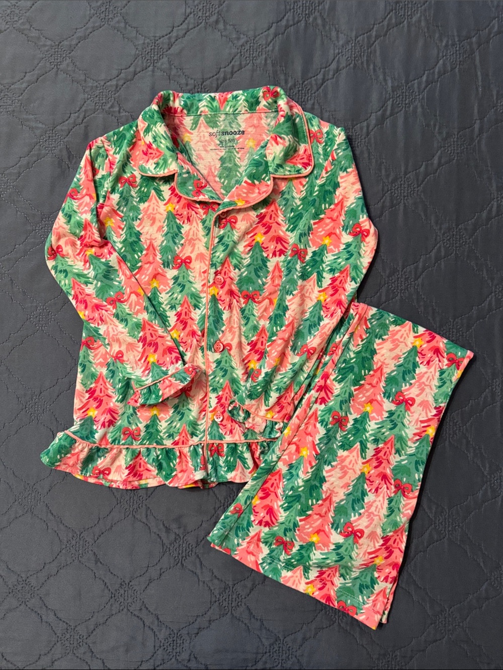 Ruffle Butts SoftSnooze Kids Green & Pink Holiday Tree Pajama Set